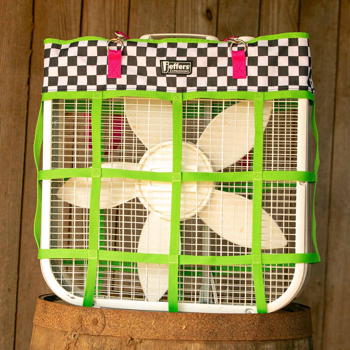 Jeffers Expression Horse Fan Bag with neon-green straps and black-and-white checkered pattern