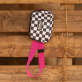 Load image into Gallery viewer, Jeffers Expression adjustable strap belt bag with black-and-white checkerboard fabric and pink strap
