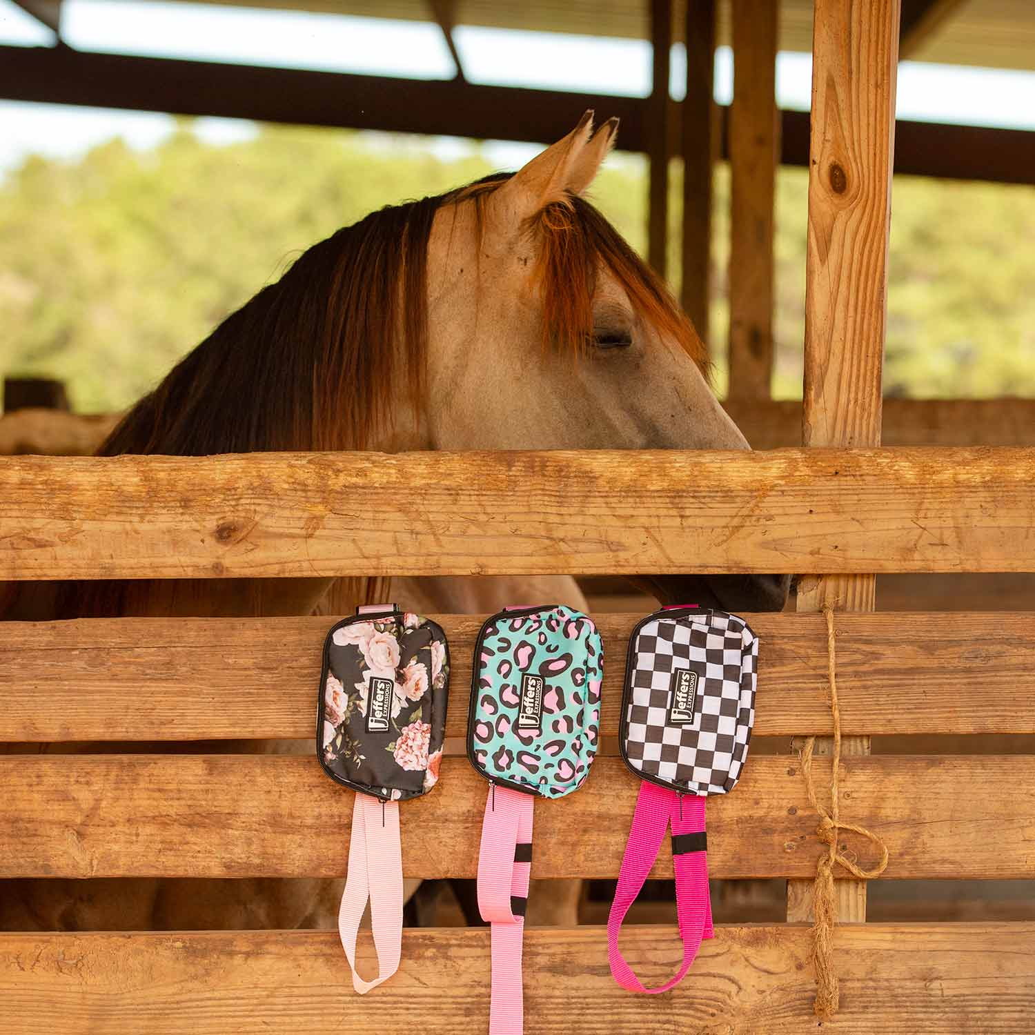 Jeffers Expression adjustable strap belt bag fanny pack trio with floral, leopard, checker patterns and pink straps