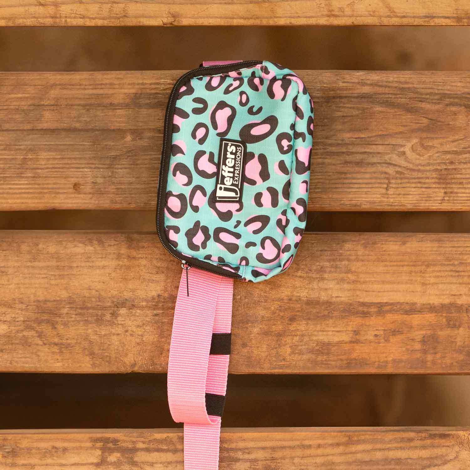 Jeffers Expression adjustable strap belt bag, mint teal leopard print with pink strap