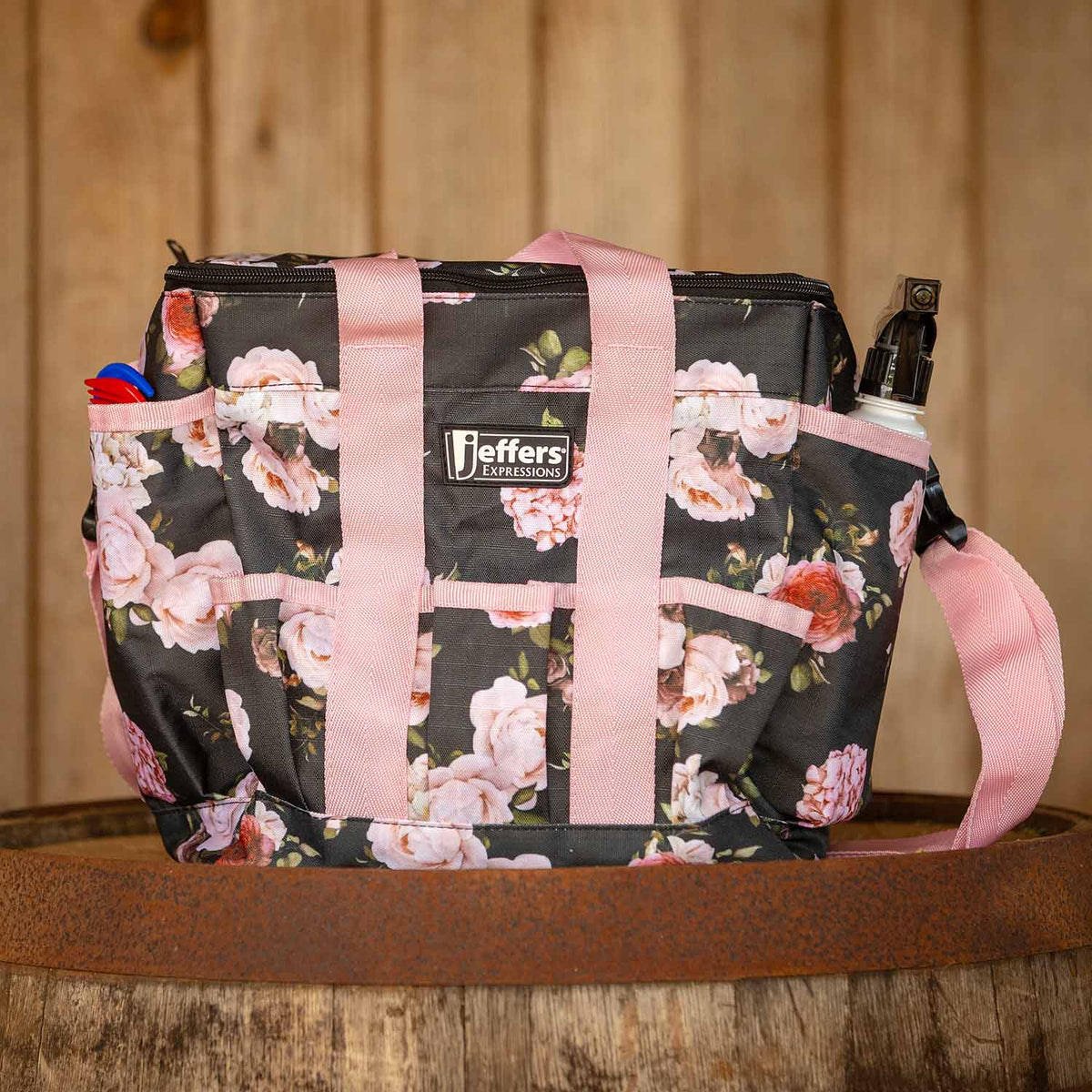Jeffers Expression Deluxe Horse Grooming Bag with Adjustable Strap; floral print bag with pink straps.