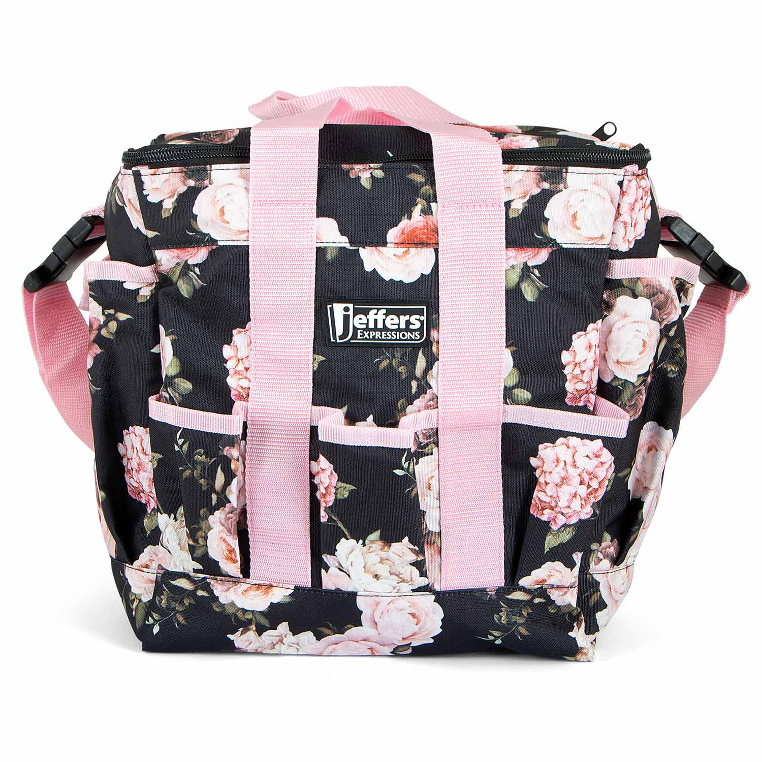 Jeffers Expression Deluxe horse grooming bag with pink adjustable strap and floral pattern