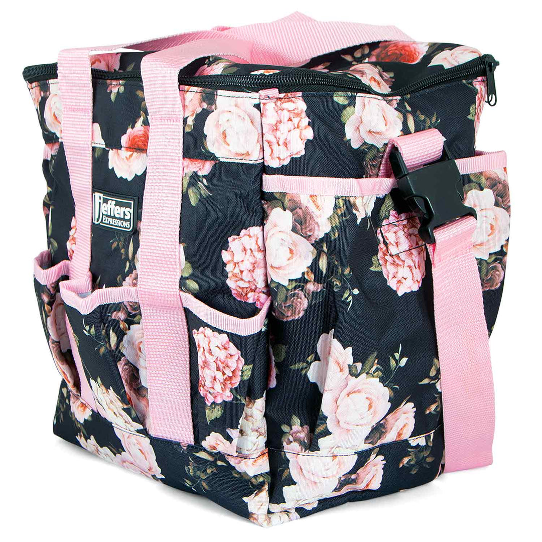 Jeffers Expression Deluxe Horse Grooming Bag with Adjustable Strap in navy floral print and pink straps