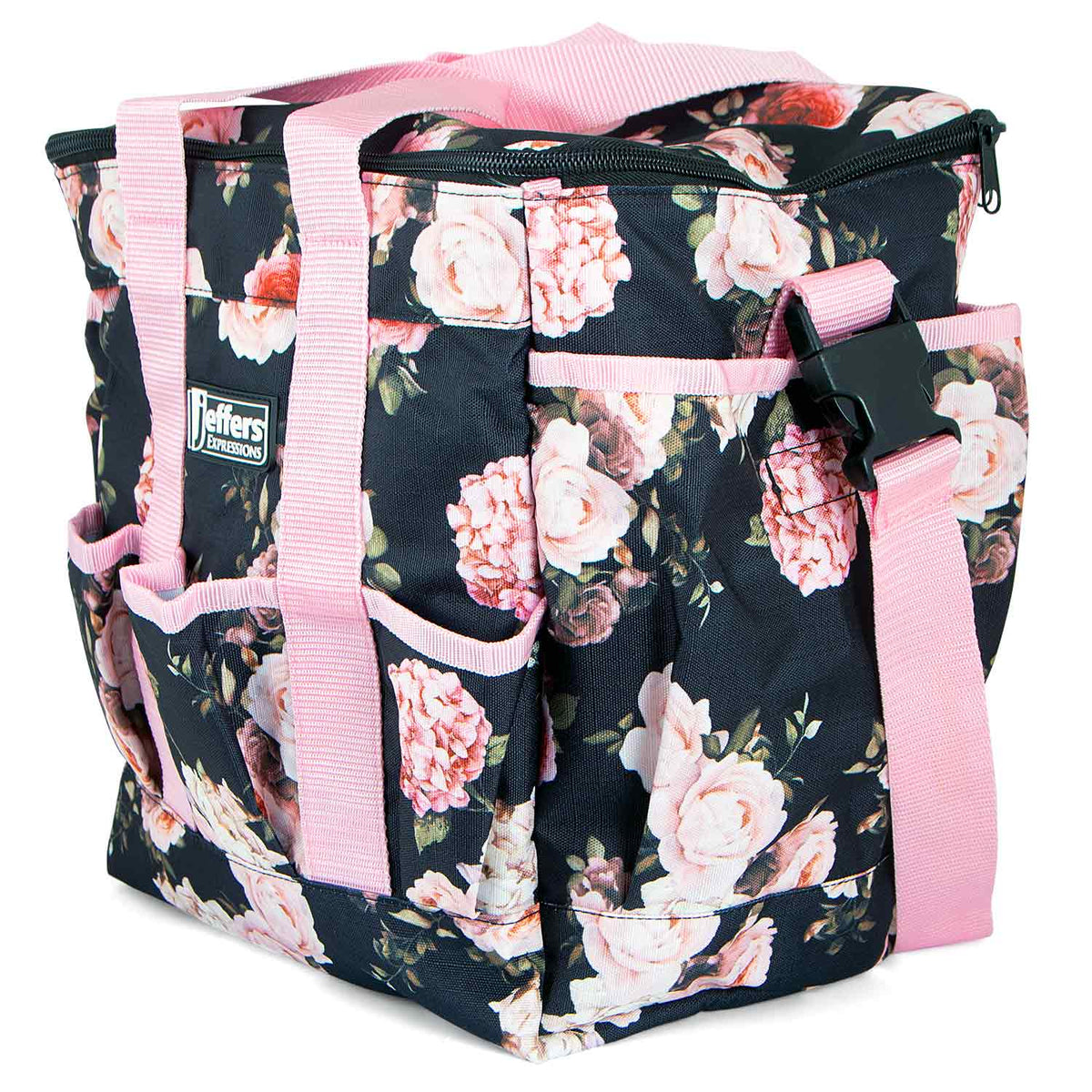 Jeffers Expression Deluxe Horse Grooming Bag with Adjustable Strap in navy floral print and pink straps