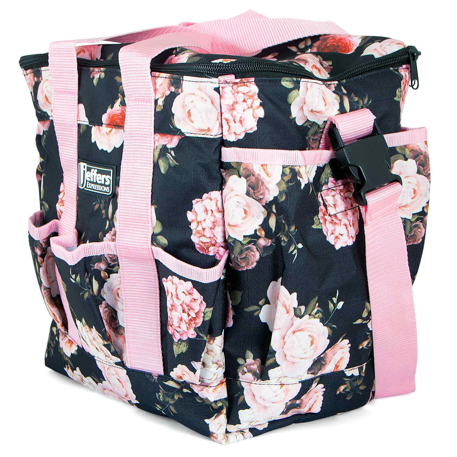 Jeffers Expression Deluxe Horse Grooming Bag with Adjustable Strap in navy floral print and pink straps