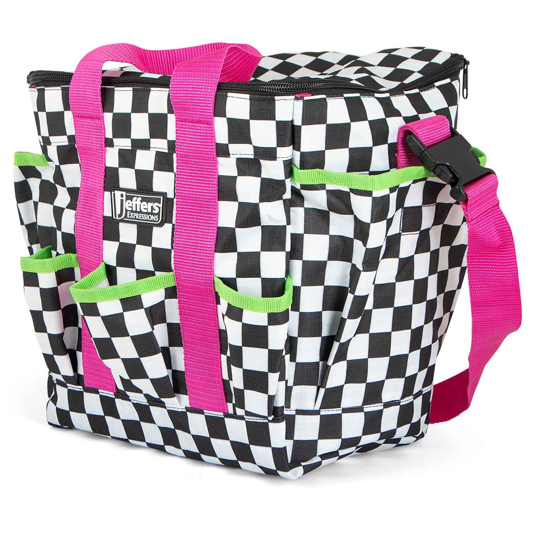 Jeffers Expression Deluxe horse grooming bag with adjustable pink strap, black-and-white checker pattern, neon accents