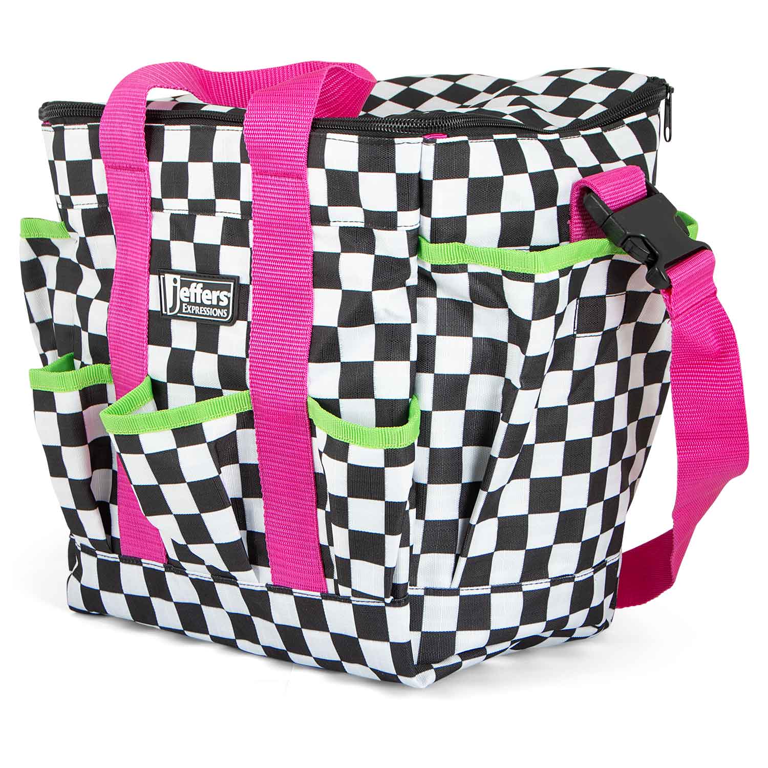 Jeffers Expression Deluxe horse grooming bag with adjustable pink strap, black-and-white checker pattern, neon accents