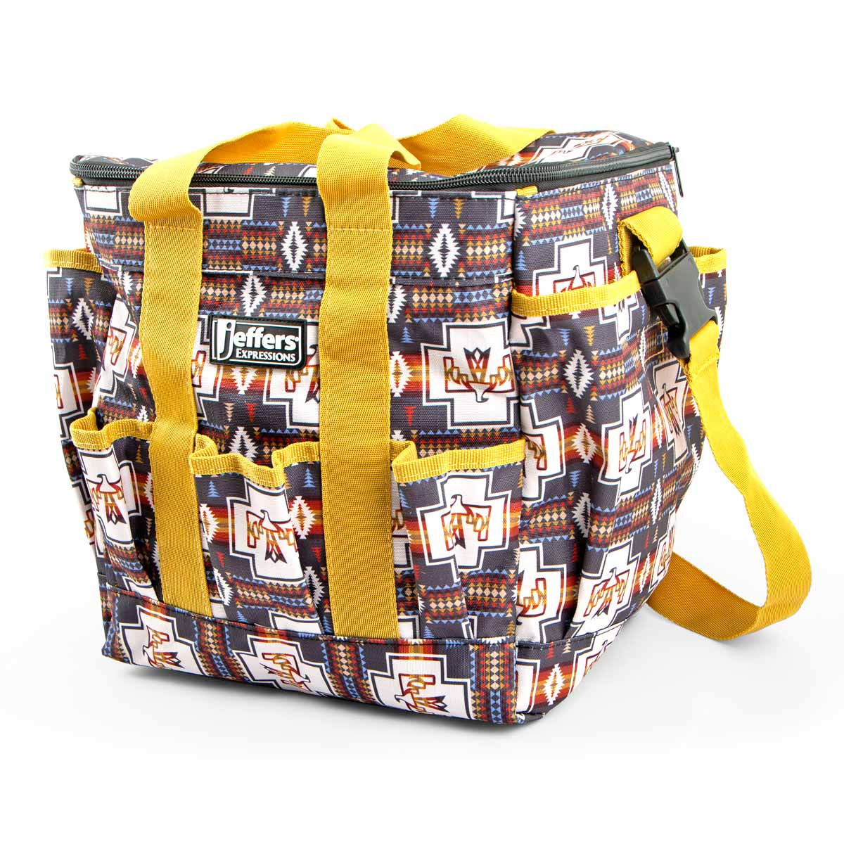 Jeffers Expressions Deluxe Horse Grooming Bag with adjustable strap in blue patterned fabric and yellow straps