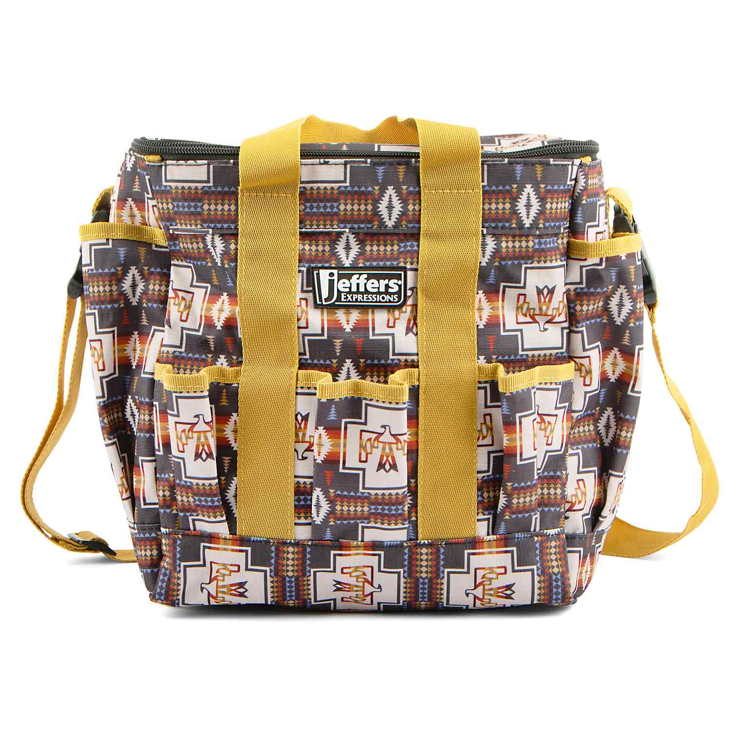 Jeffers Expressions Deluxe Horse Grooming Bag with adjustable strap, geometric print and yellow handles