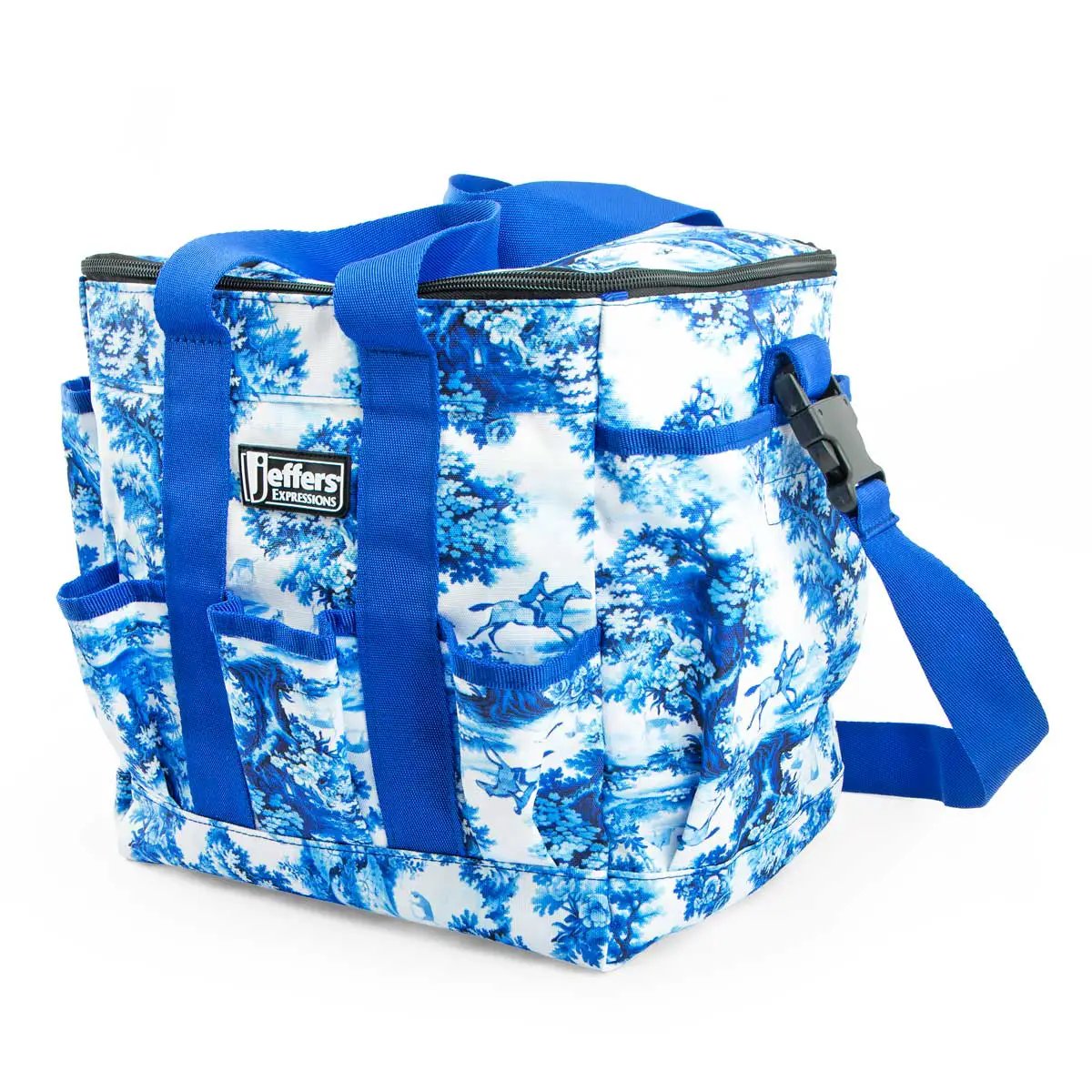 Jeffers Expression Deluxe Horse Grooming Bag with adjustable strap, blue and white toile pattern