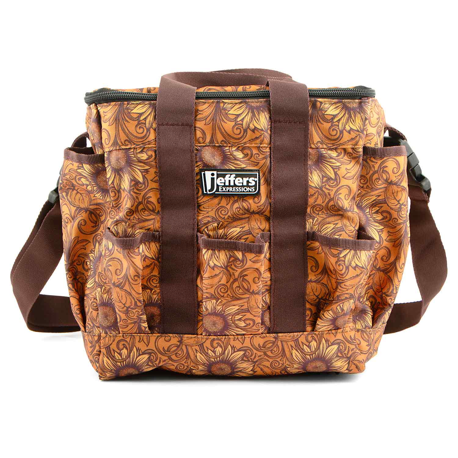 Jeffers Expressions Deluxe horse grooming bag with adjustable strap in orange-brown floral fabric