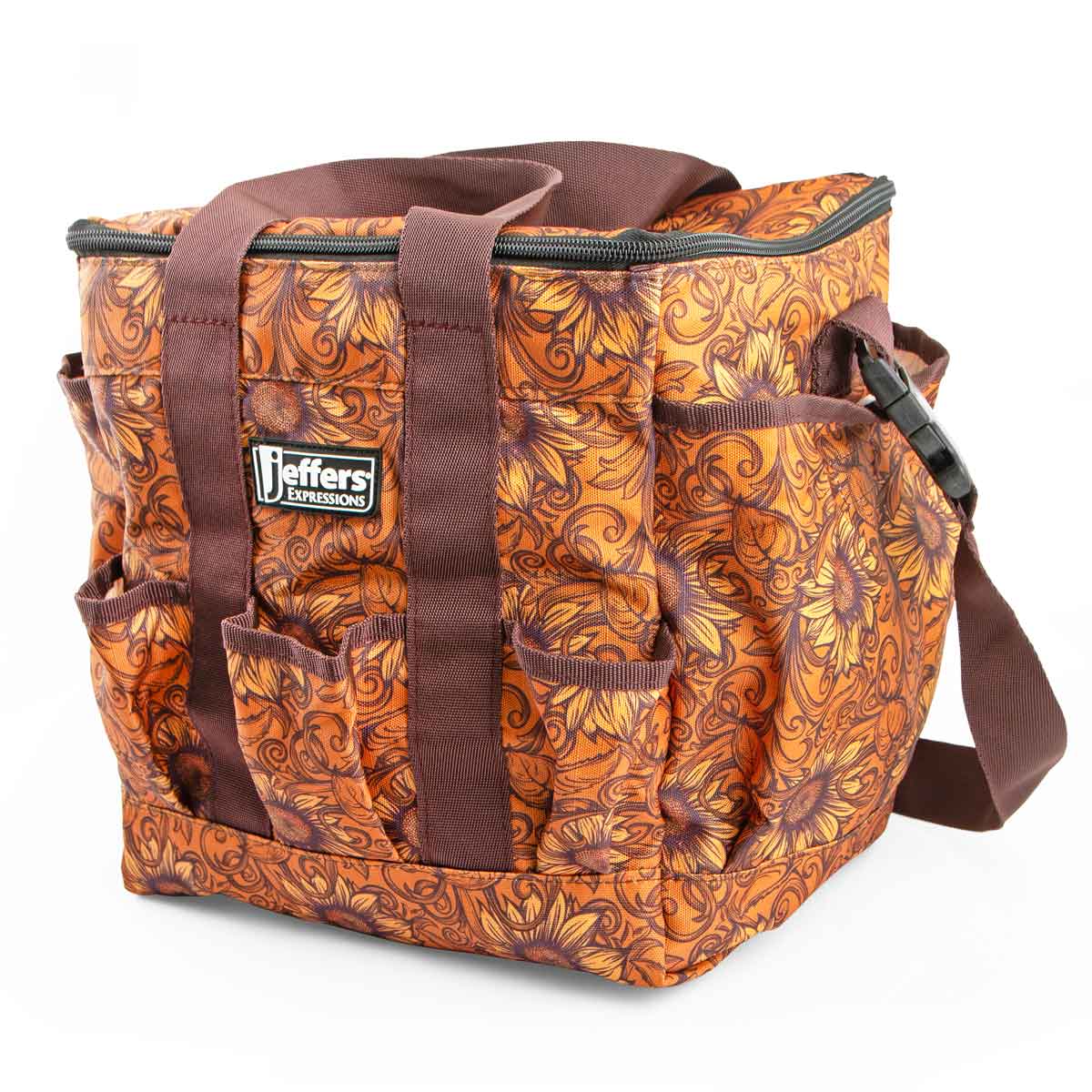 Jeffers Expression Deluxe Horse Grooming Bag in orange-brown floral fabric with adjustable strap and multiple pockets