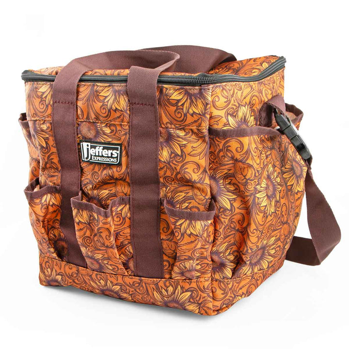 Jeffers Expression Deluxe Horse Grooming Bag in orange-brown floral fabric with adjustable strap and multiple pockets