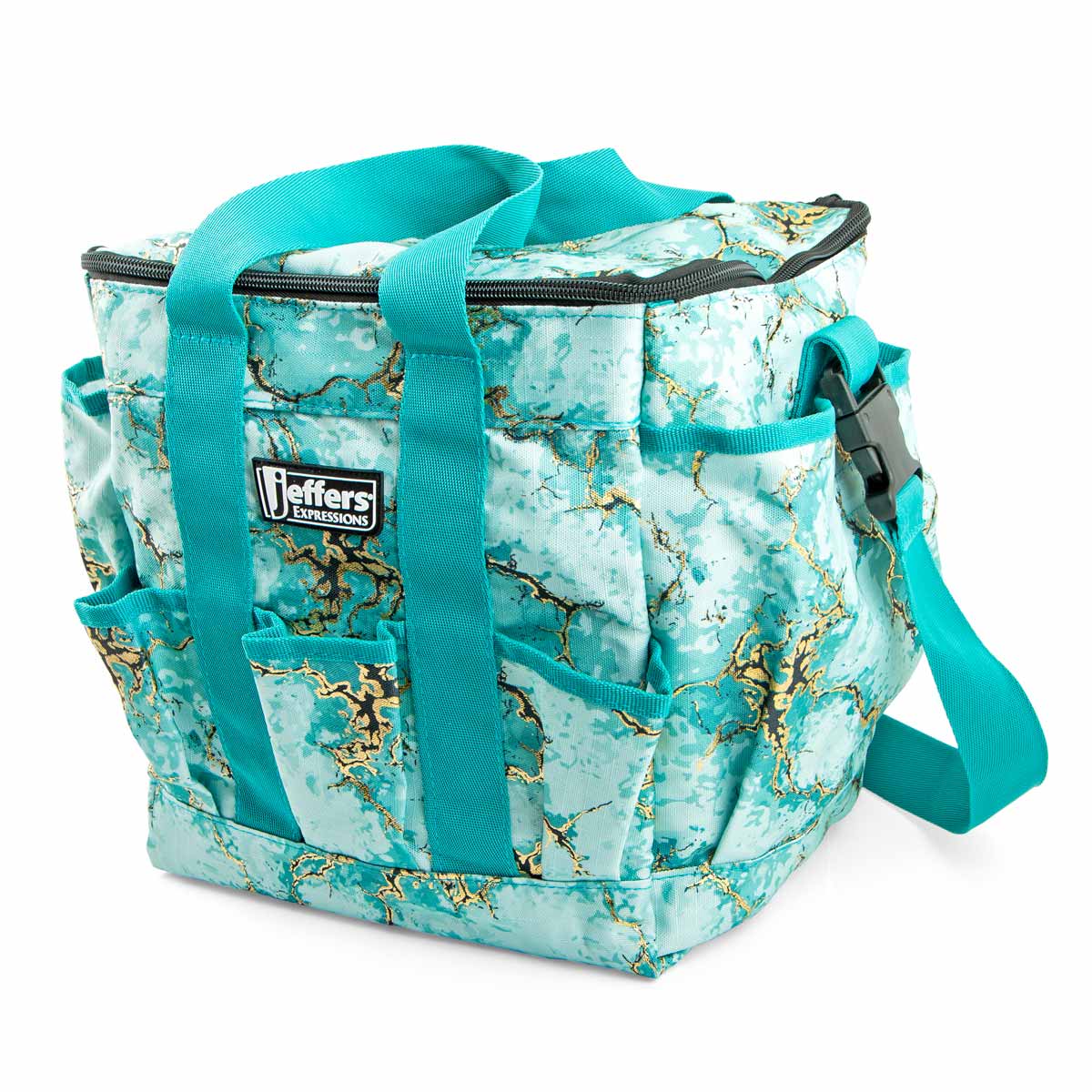 Jeffers Expressions Deluxe horse grooming bag with turquoise marbled pattern and adjustable teal strap.
