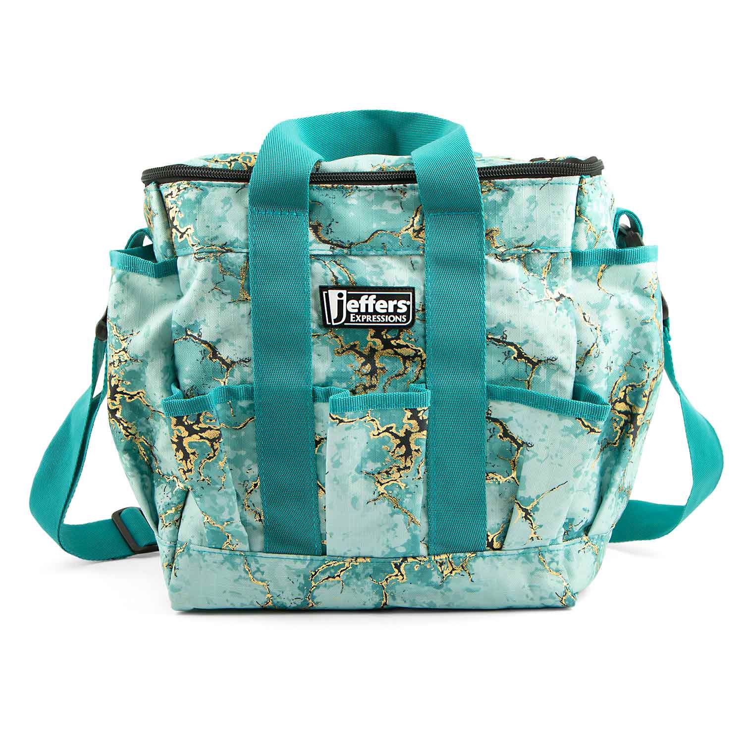 Jeffers Expressions Deluxe horse grooming bag with adjustable teal strap and turquoise marbled pattern