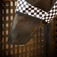 Load image into Gallery viewer, Horse fly mask with ears and nose; deluxe mesh, black fabric with black-and-white checkered trim
