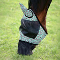 Load image into Gallery viewer, Jeffers Expression Deluxe Mesh Horse Fly Mask with Ears and Nose in turquoise leopard print.
