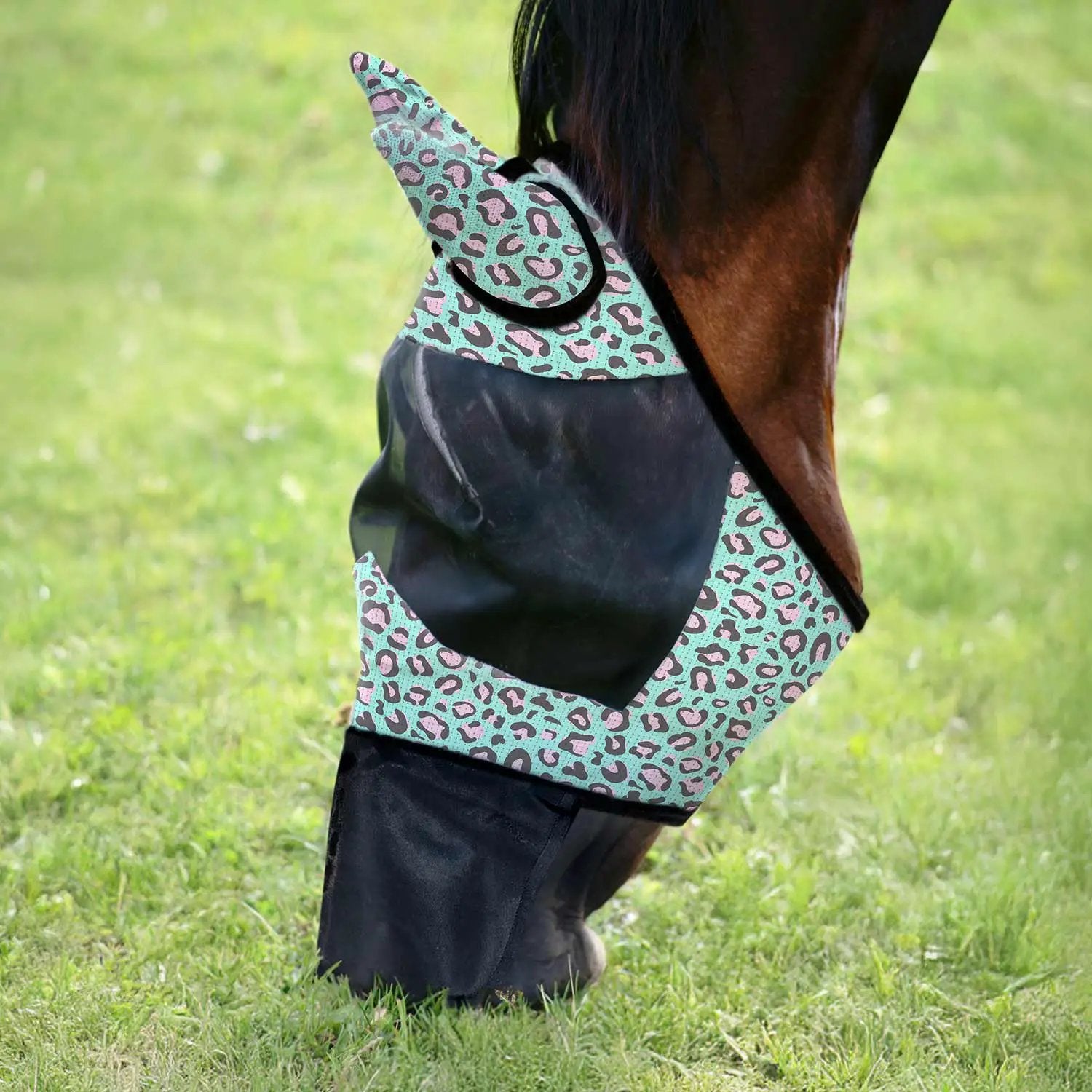 Jeffers Expression Deluxe Mesh Horse Fly Mask with Ears and Nose in turquoise leopard print.