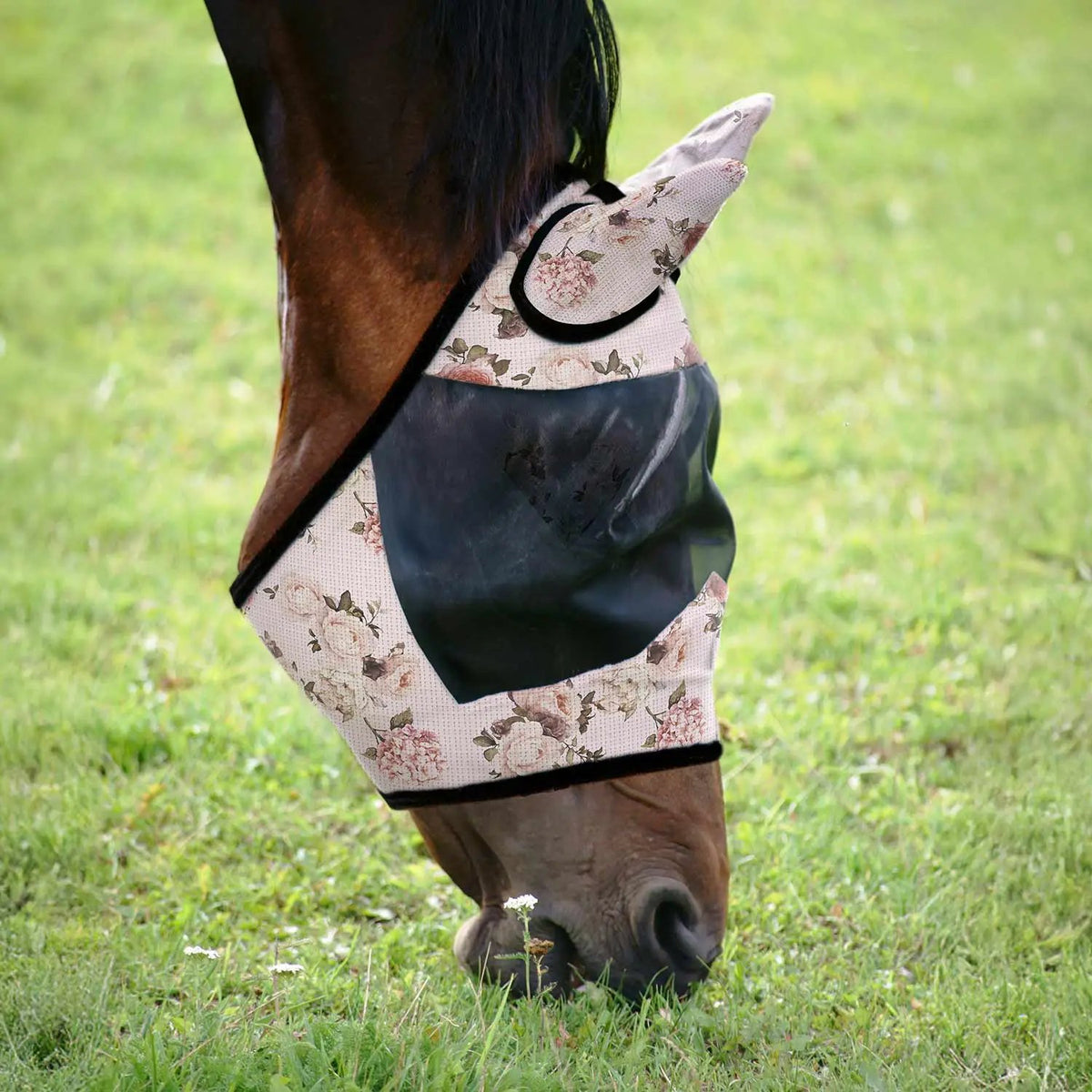 Jeffers Expression Deluxe Mesh Horse Fly Mask with Ears, floral cream fabric and black mesh panel