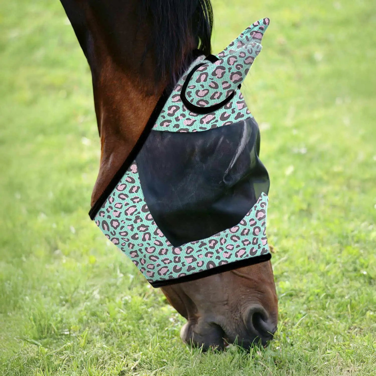 Jeffers Expression Deluxe mesh horse fly mask with ears in turquoise with pink leopard print