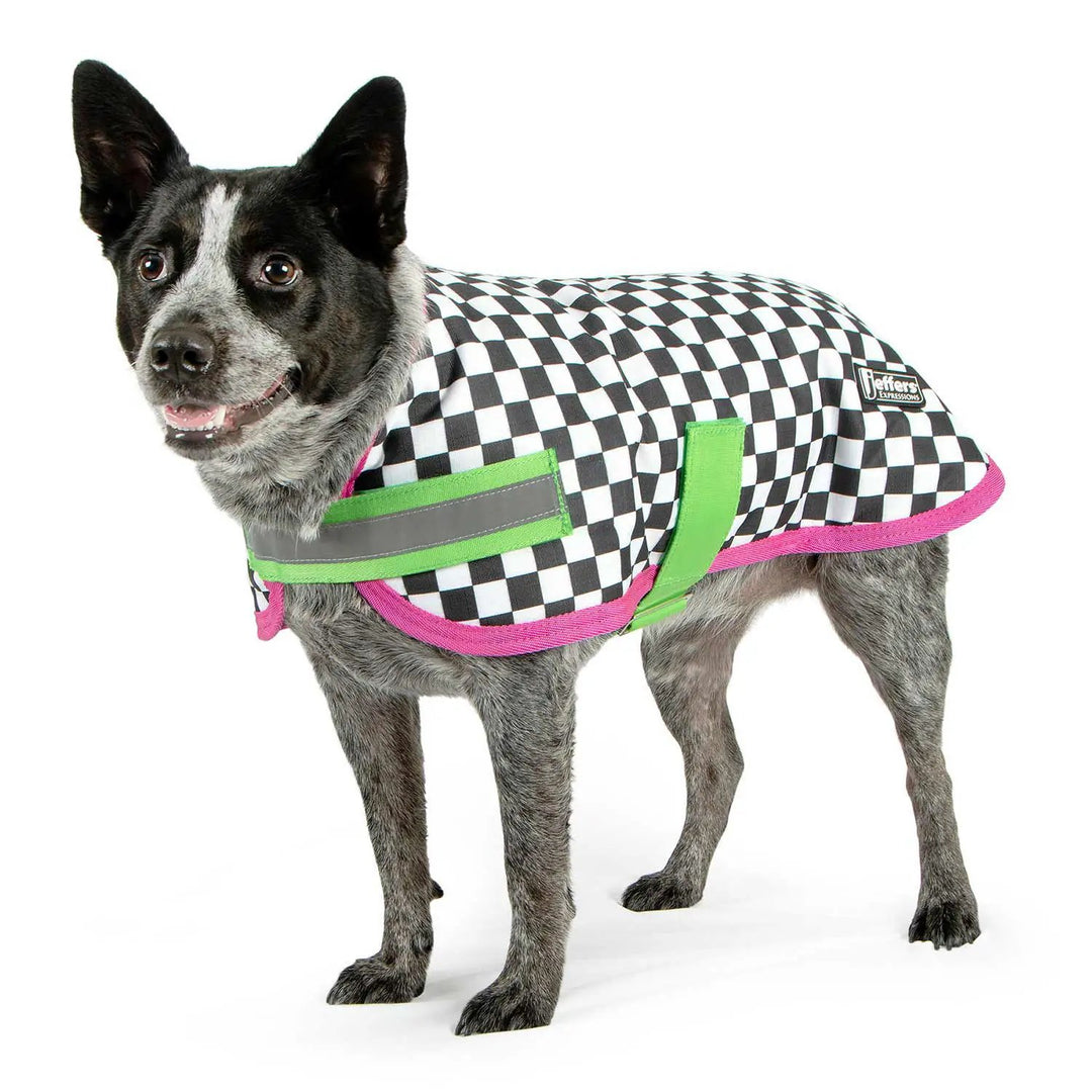Jeffers Expression 600D Waterproof Ripstop Dog Coat; black white checkered fabric with pink trim and green straps.
