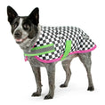 Cargar la imagen en la vista de la galería, Jeffers Expression 600D Waterproof Ripstop Dog Coat; black white checkered fabric with pink trim and green straps.
