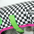 Cargar la imagen en la vista de la galería, Jeffers Expression 600D Waterproof Ripstop Dog Coat; black-and-white checker fabric with neon green straps and pink trim.
