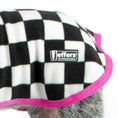 Carica l'immagine nel visualizzatore della galleria, Jeffers Expressions moisture-wicking fleece dog coat; black-and-white plaid with bright pink trim binding
