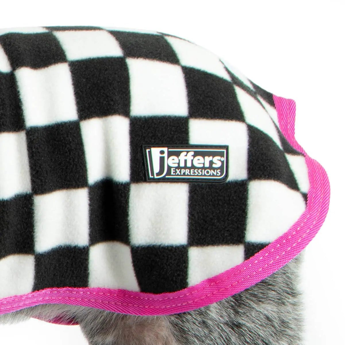 Jeffers Expressions moisture-wicking fleece dog coat; black-and-white plaid with bright pink trim binding