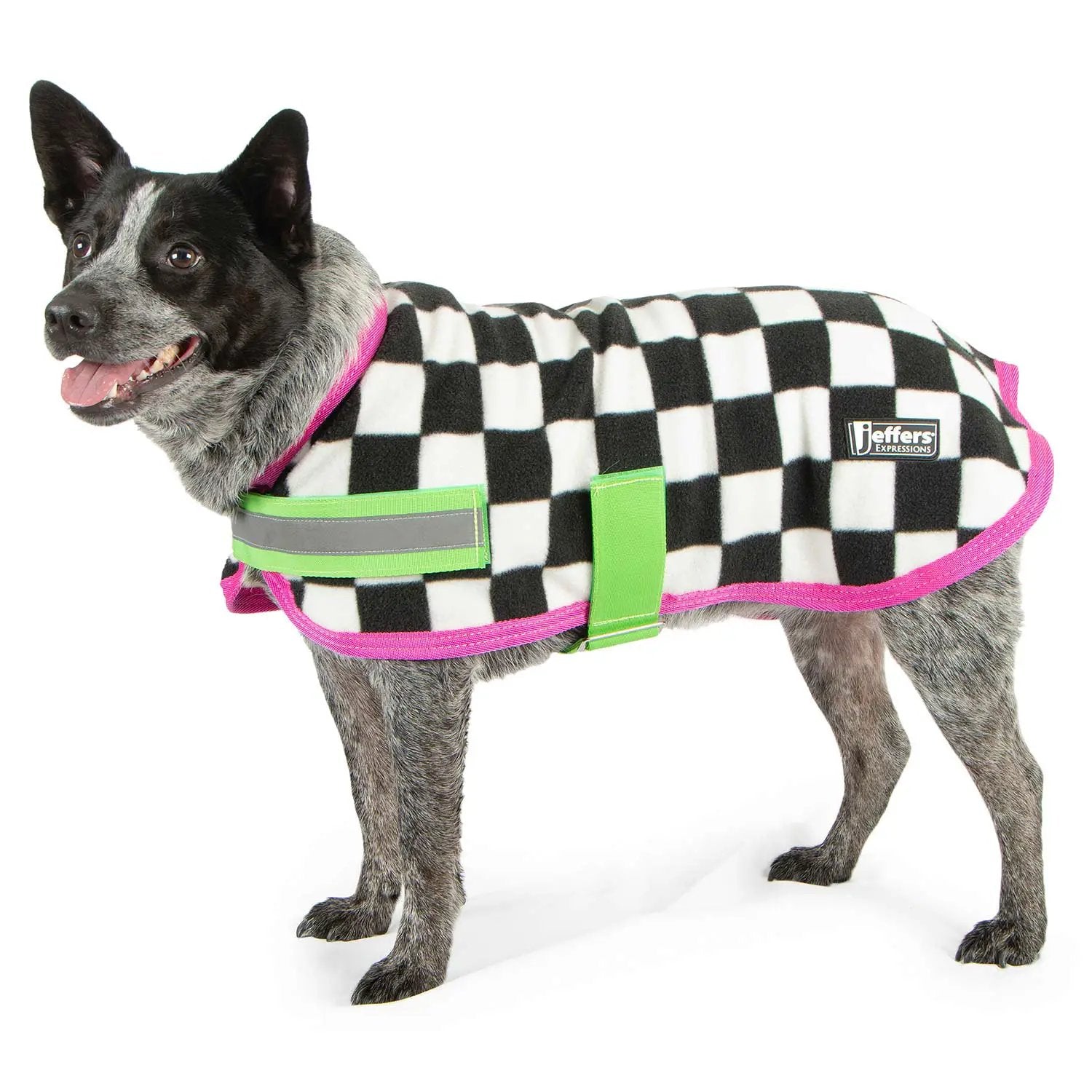 Jeffers Expressions moisture-wicking fleece dog coat; black-and-white checker pattern with pink trim and neon-green strap