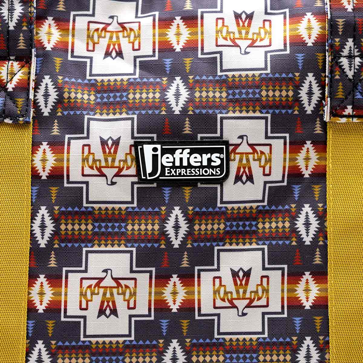 Jeffers Expression Nylon Gear Bag; navy multicolor geometric print with yellow side panels, brand badge visible.