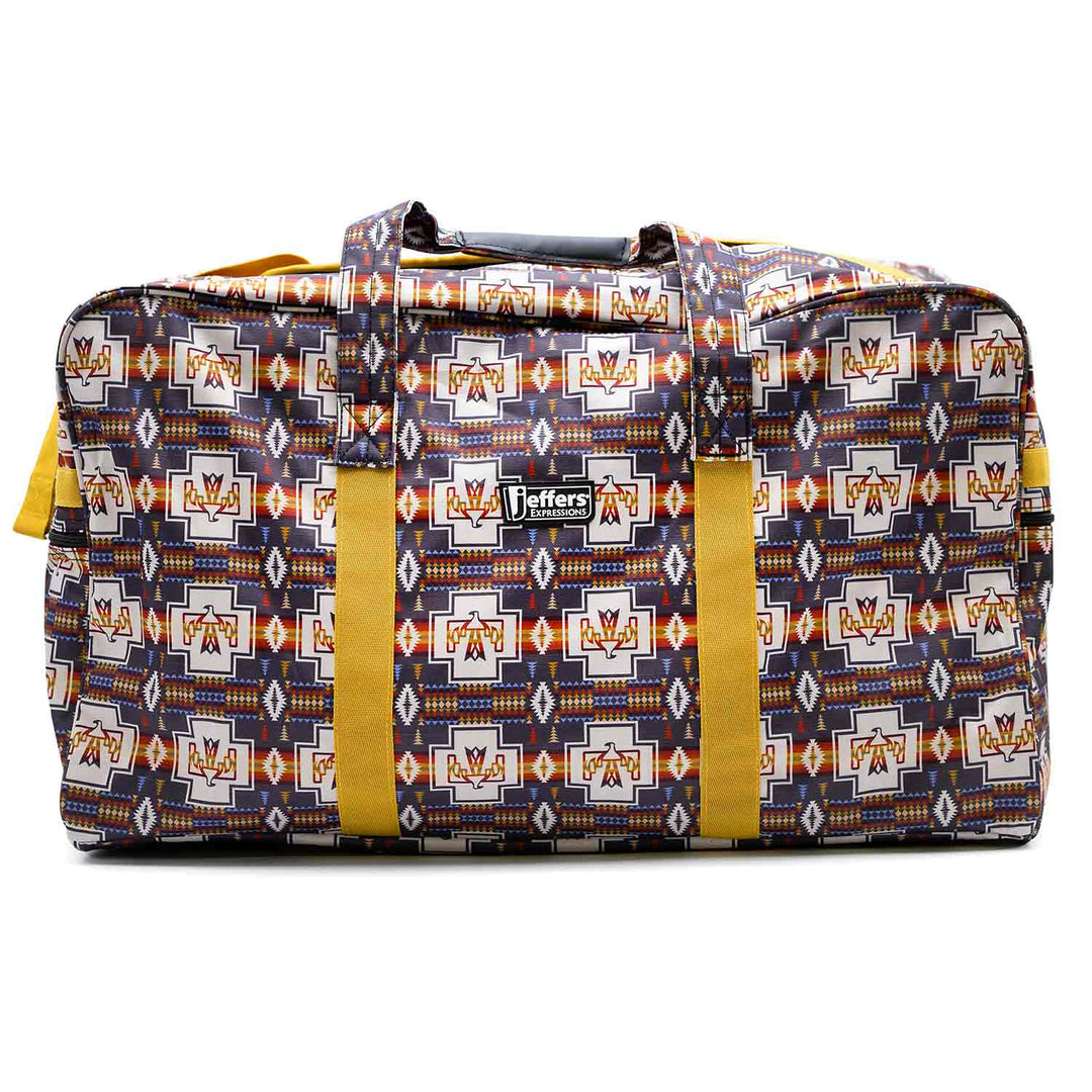 Jeffers Expressions nylon gear bag duffel in a purple geometric print with yellow straps.