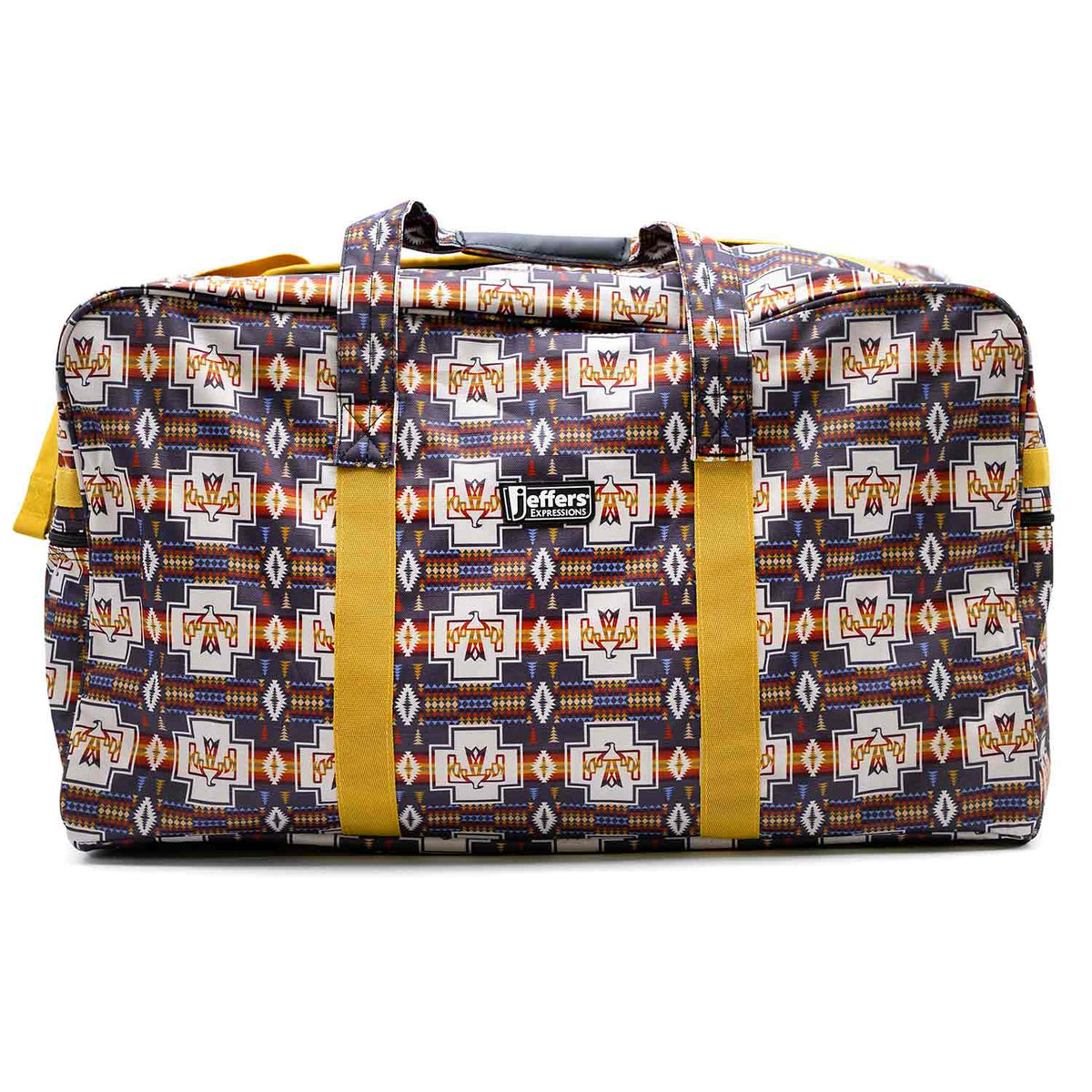 Jeffers Expressions nylon gear bag duffel in a purple geometric print with yellow straps.