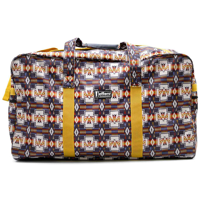 Jeffers Expressions nylon gear bag duffel in a purple geometric print with yellow straps.