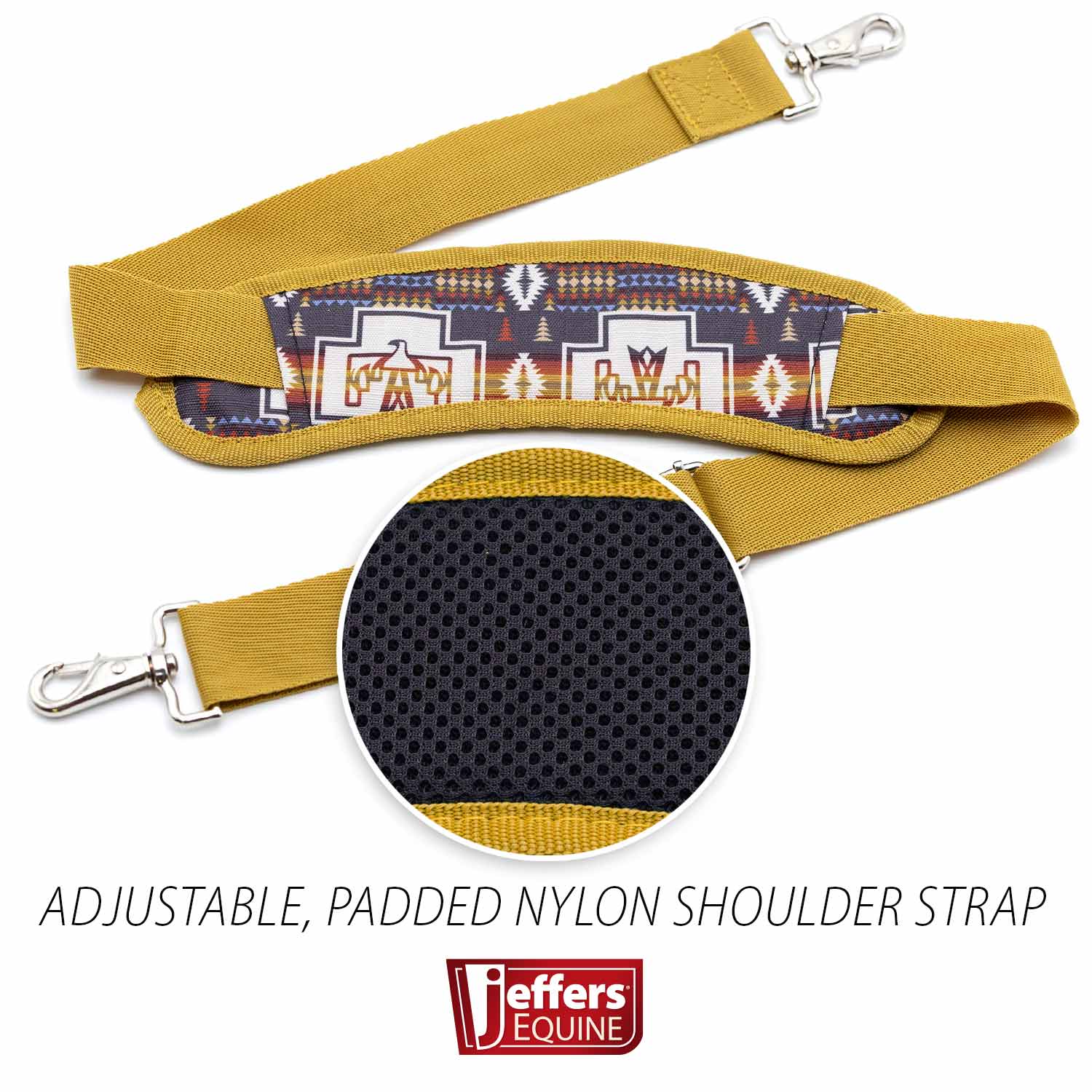 Jeffers Expression Equestrian nylon gear bag with adjustable yellow padded shoulder strap and southwestern panel