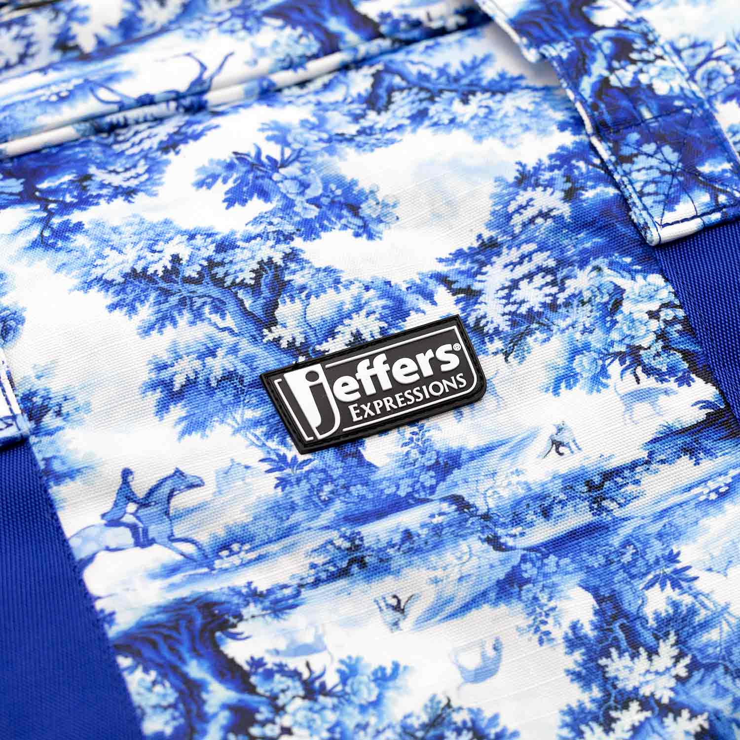 Jeffers Expression Equestrian Nylon Gear Bag; blue-and-white patterned duffel with Jeffers logo patch.