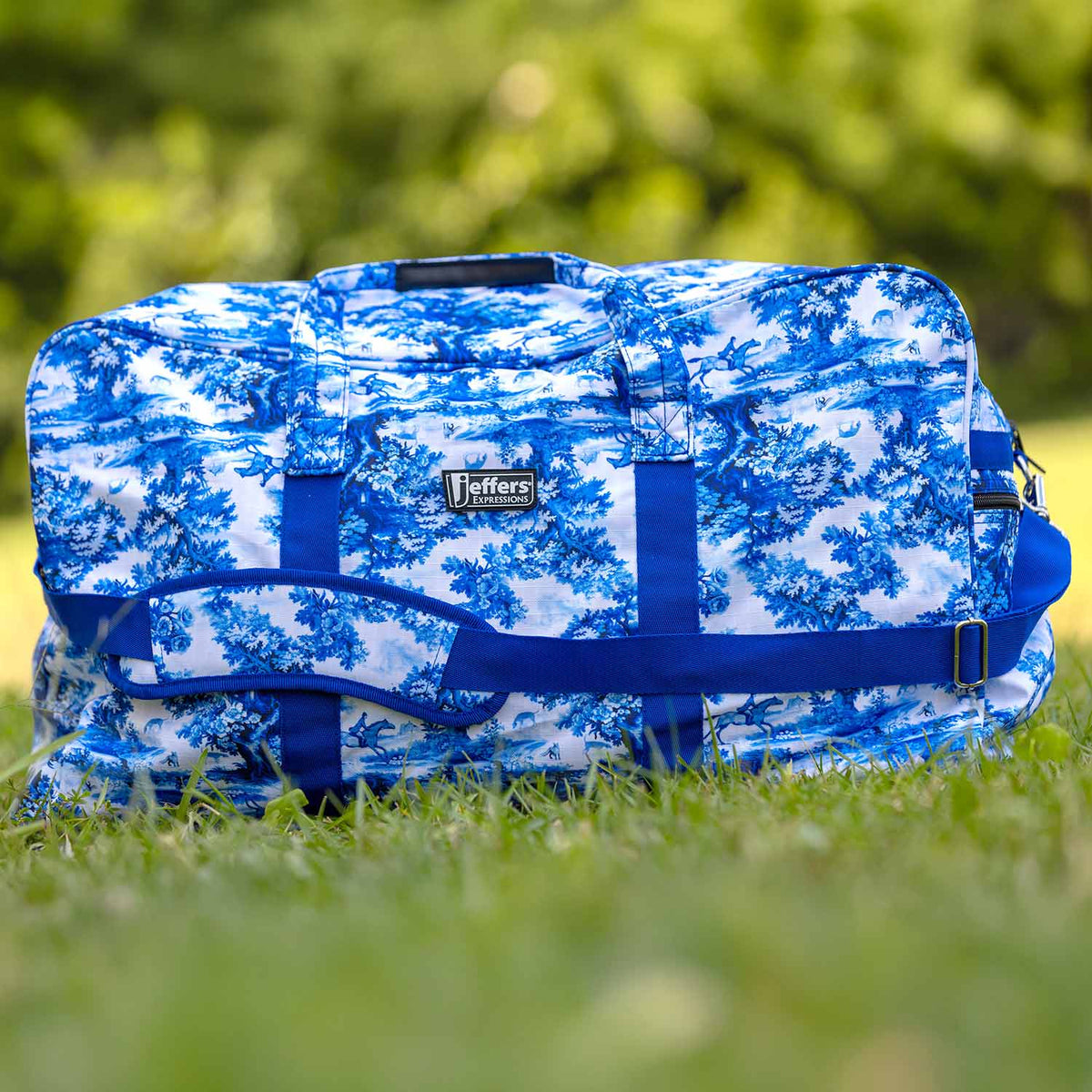 Jeffers Expression Equestrian Nylon Gear Bag, blue-and-white toile pattern duffel with blue straps