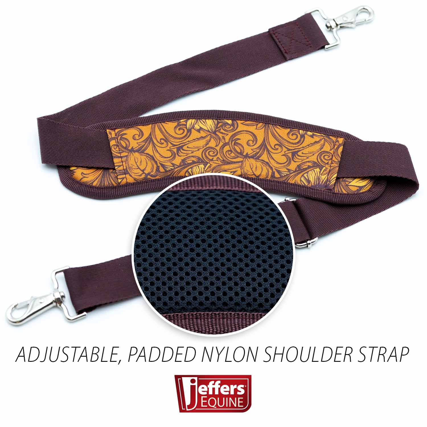 Jeffers Expression Equestrian adjustable padded nylon shoulder strap in burgundy with decorative orange panel