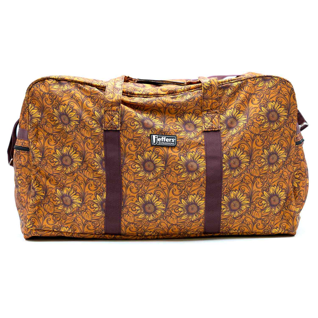 Jeffers Expressions nylon gear bag with orange sunflower pattern and purple straps