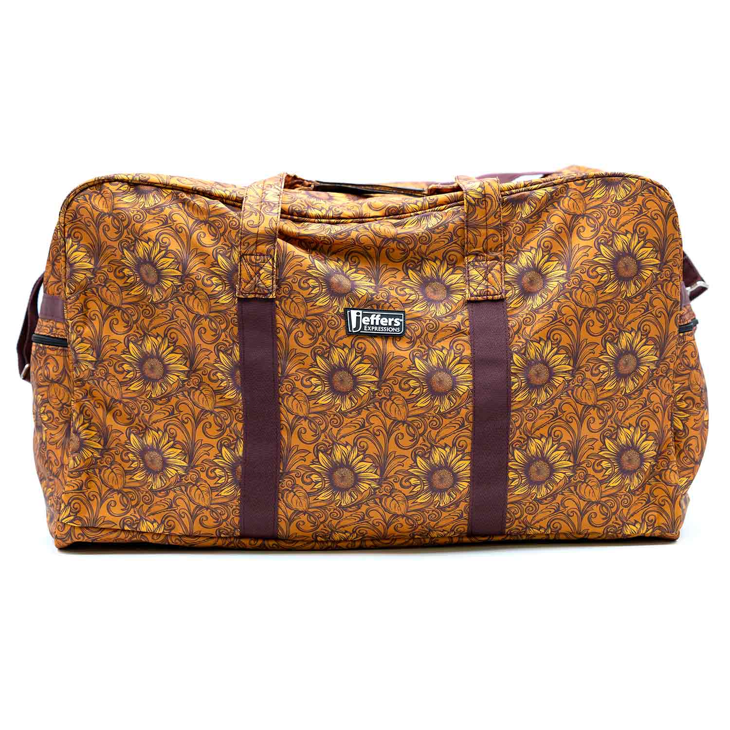 Jeffers Expressions nylon gear bag with orange sunflower pattern and purple straps