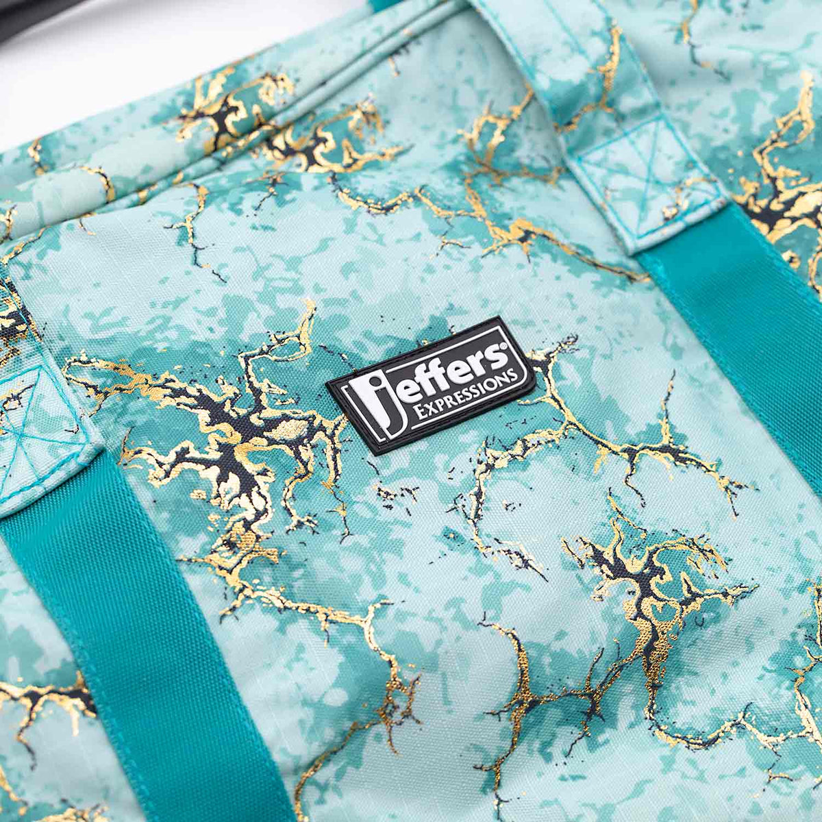 Jeffers Expression Equestrian nylon gear bag, teal marbled pattern with gold accents and logo patch
