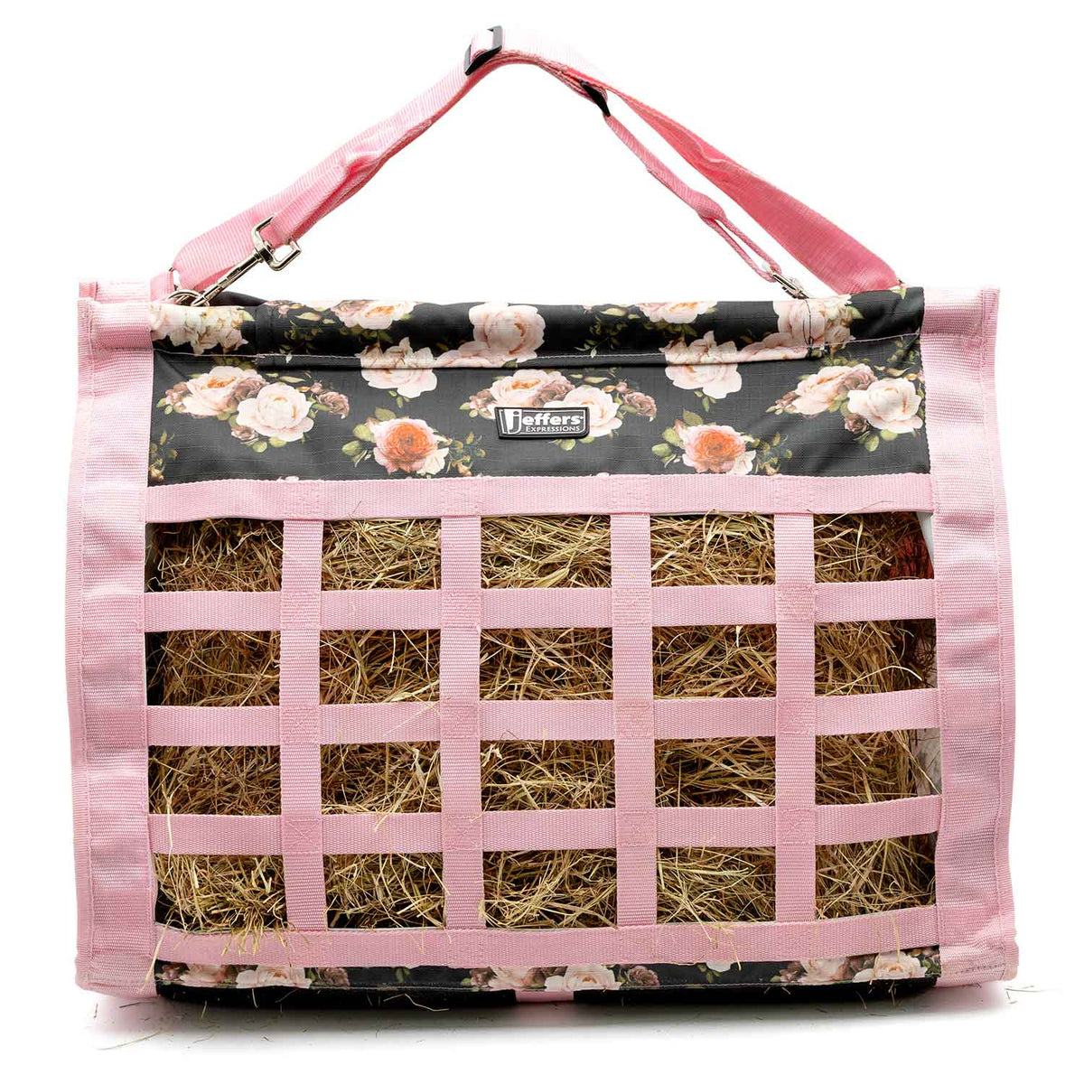 Jeffers Expression Extend-Feed Hay Bag for horses and livestock, pink lattice bag with floral top panel