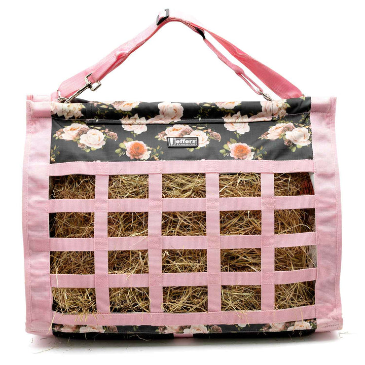 Jeffers Expression Extend-Feed Hay Bag for horses and livestock, pink lattice bag with floral top panel
