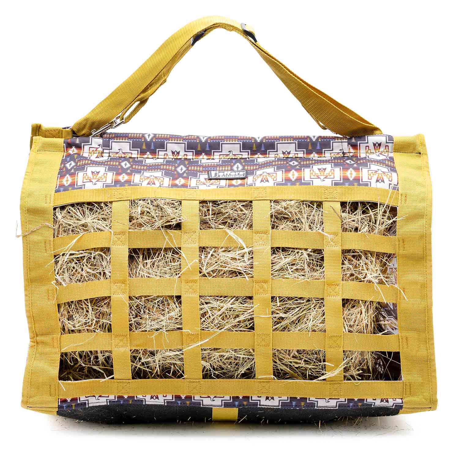 Jeffers Expression Extend-Feed Hay Bag for Horses & Livestock, yellow with lattice webbing and patterned top.