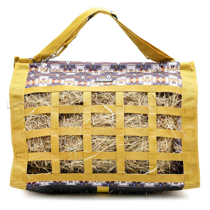 Jeffers Expression Extend-Feed Hay Bag for Horses &amp; Livestock, yellow with lattice webbing and patterned top.