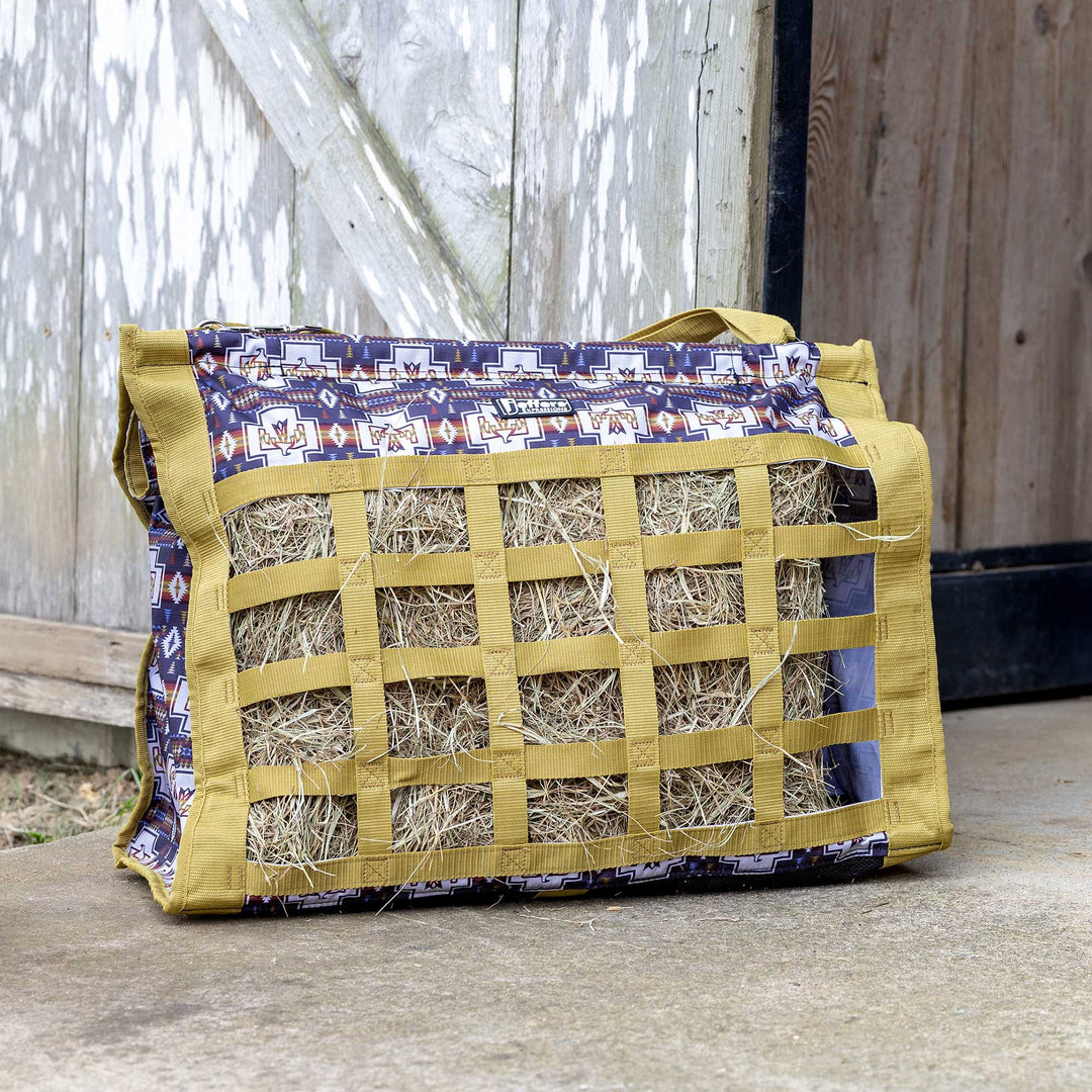 Jeffers Expression Extend-Feed Hay Bag for Horses &amp; Livestock, purple/white patterned exterior with tan straps