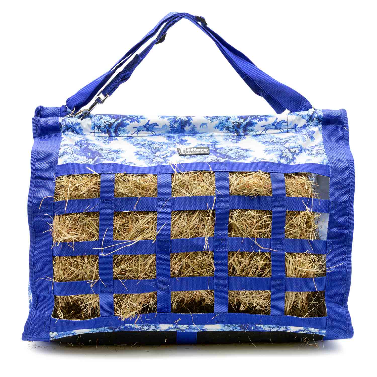 Jeffers Expression Extend-Feed Hay Bag for Horses & Livestock, blue fabric with hay inside