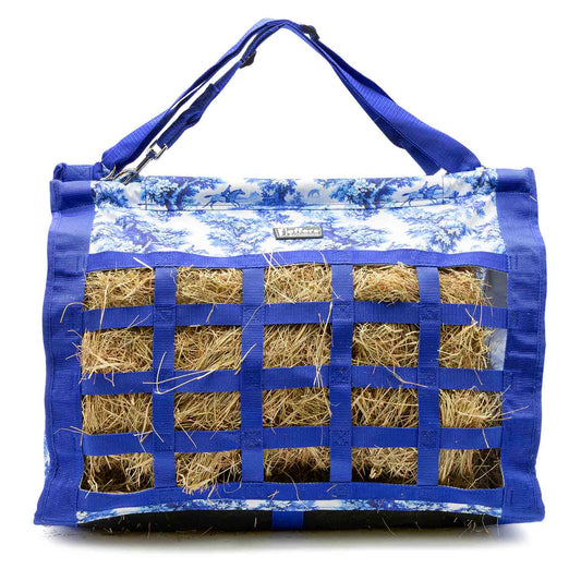 Jeffers Expression Extend-Feed Hay Bag for Horses & Livestock, blue fabric with hay inside
