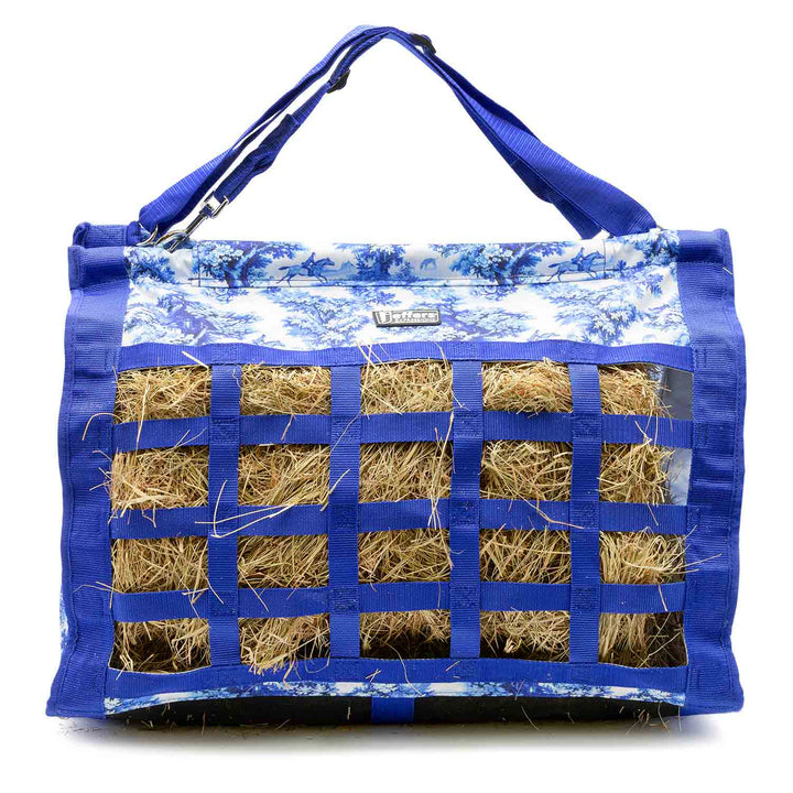Jeffers Expression Extend-Feed Hay Bag for Horses &amp; Livestock, blue fabric with hay inside