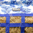 Load image into Gallery viewer, Jeffers Expressions Extend-Feed Hay Bag with blue straps and hay visible.
